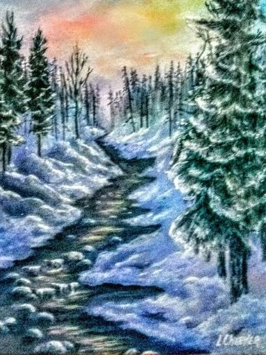 Winter landscape painting with a snow-covered forest and stream.