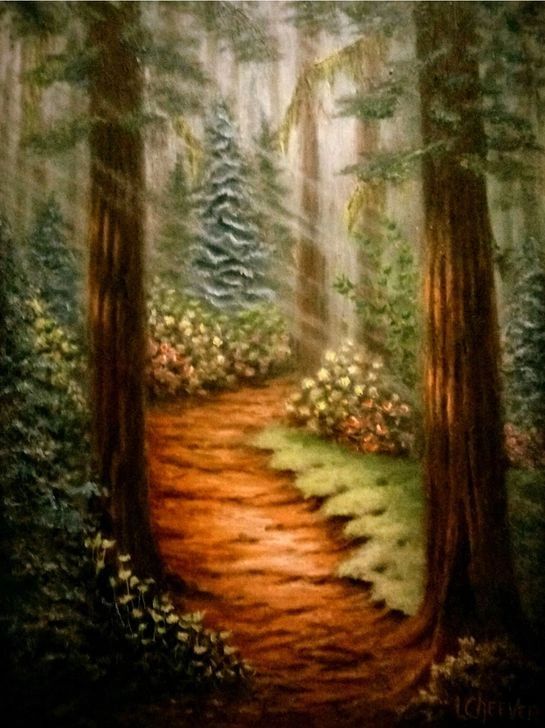 Forest path with sunlight streaming through trees.