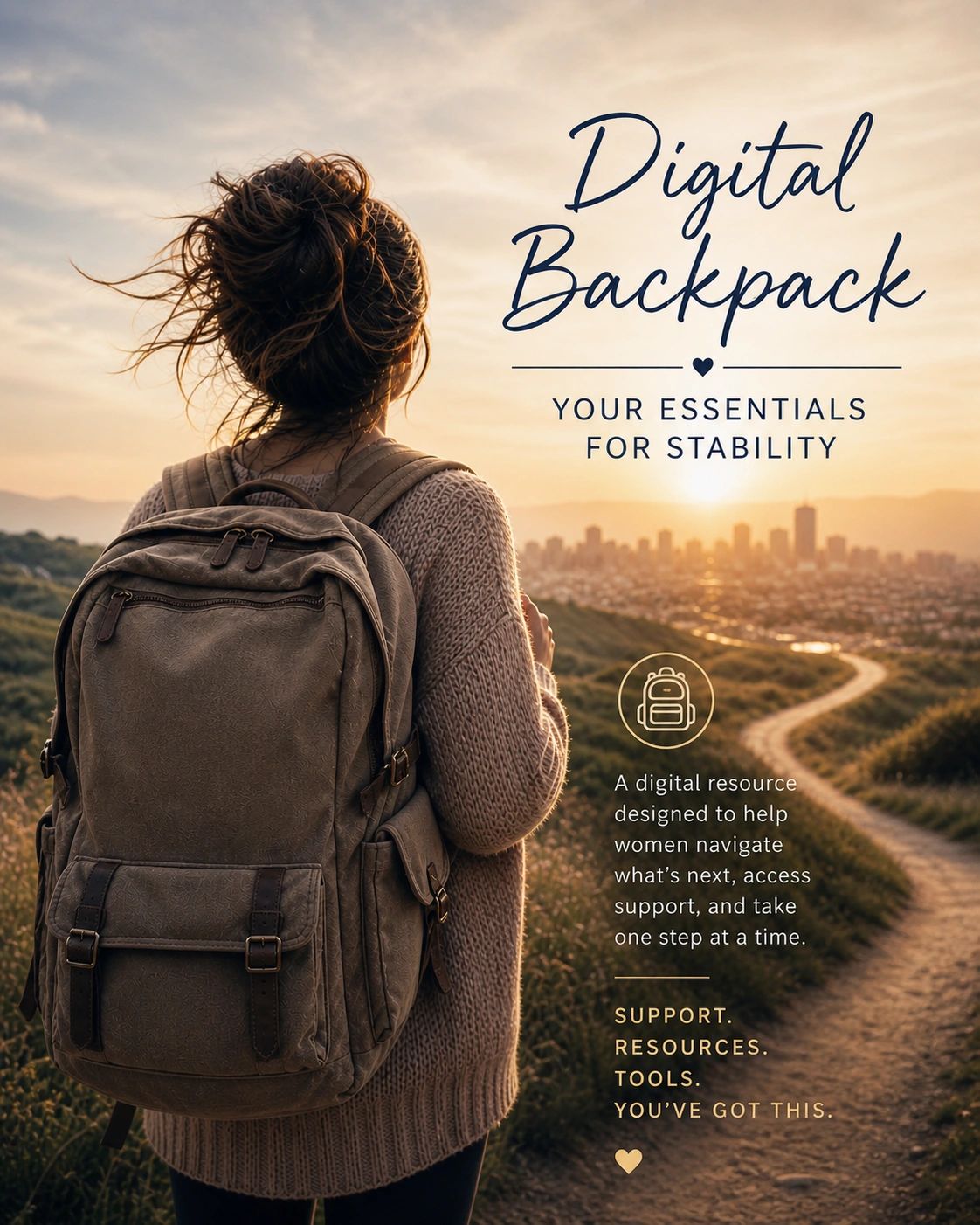 Woman with a backpack on a trail during sunset, promoting digital support for women.