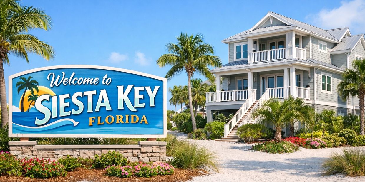 Welcome sign for Siesta Key, Florida, with a beach house and palm trees.