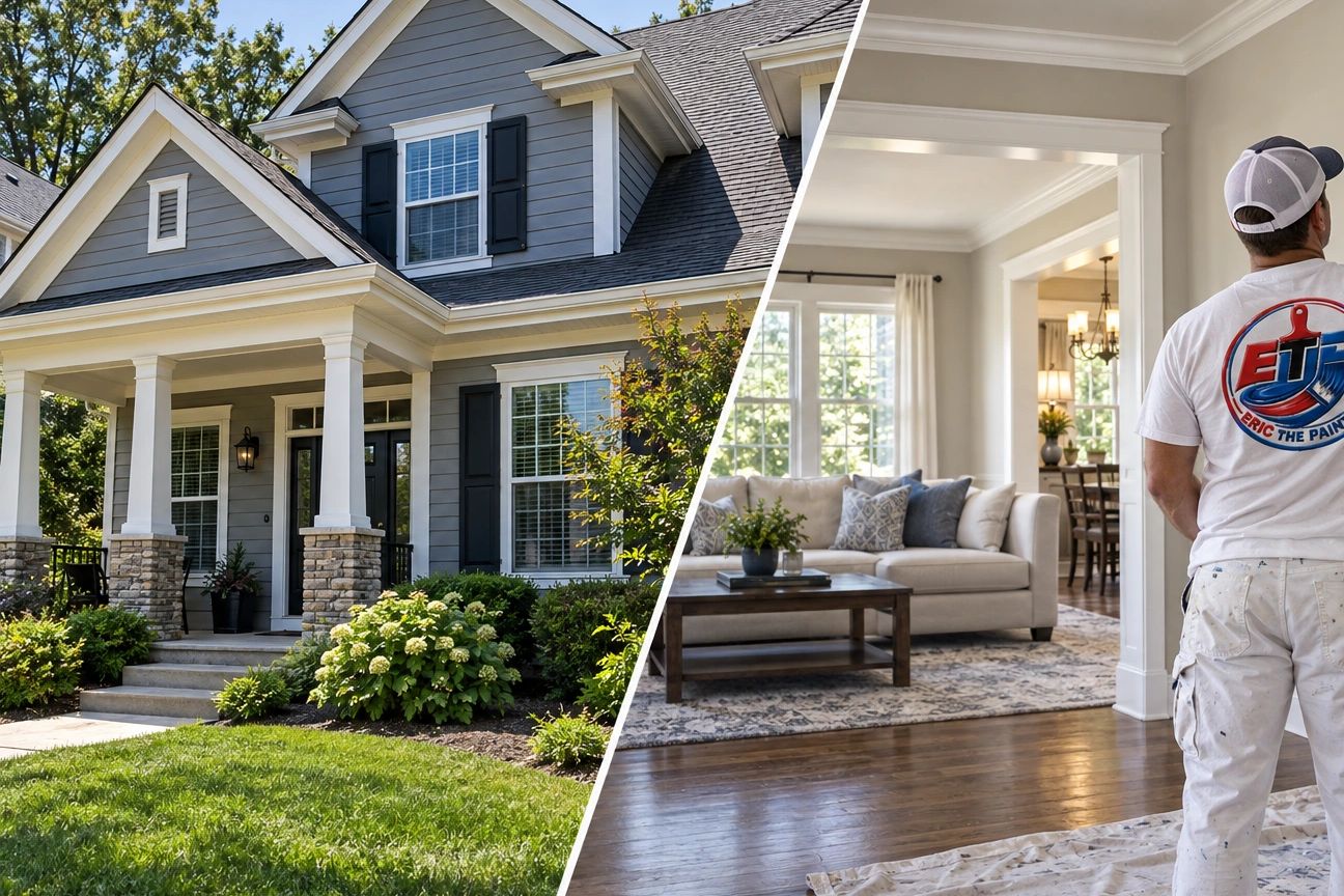 Interior Exterior Painting, free interior painting estimates, shows a man painting  walls in a home