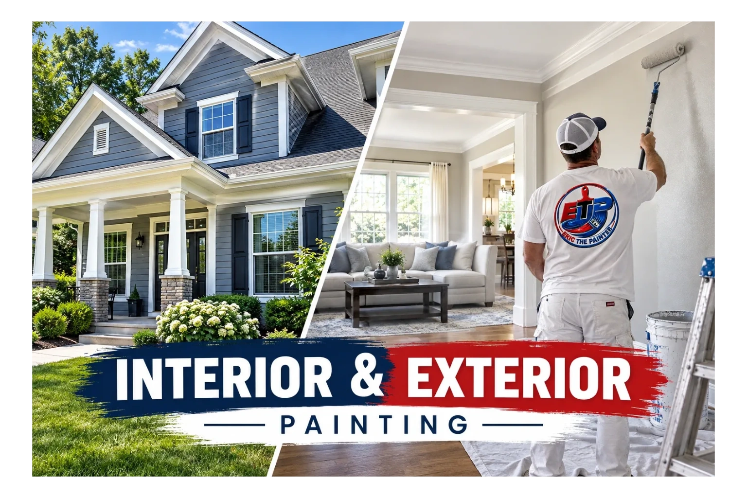 man painting the interior of a home with a paint roller, there is a ladder and a paint bucket