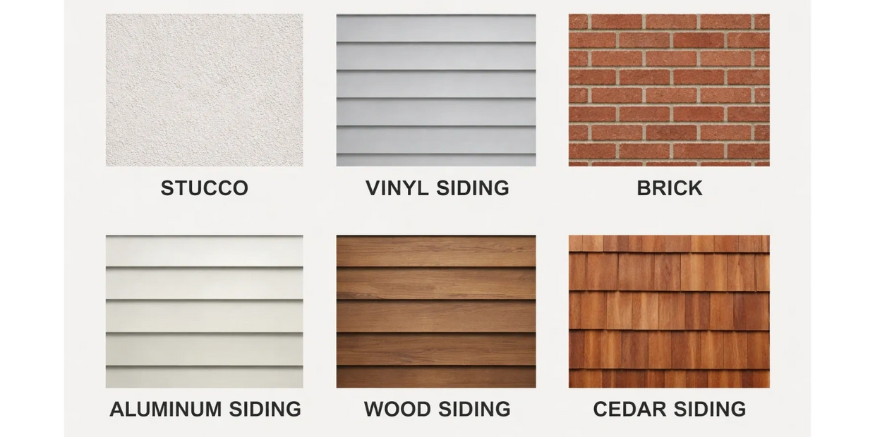 Samples of different exterior siding materials: stucco, vinyl, brick, aluminum, wood, and cedar.