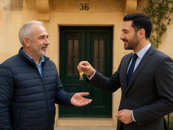 Real estate agent handing house keys to a smiling older man outside a home.