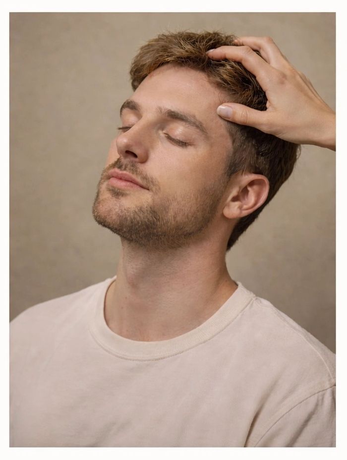 Man with eyes closed enjoying a head massage.