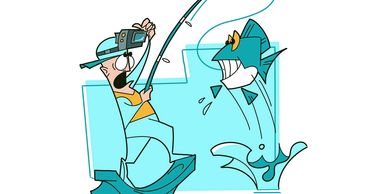 Cartoon of a man excitedly fishing a large, smiling fish.