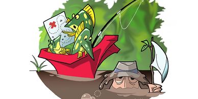 A fish plays doctor while a person hides in water with a small sailboat.