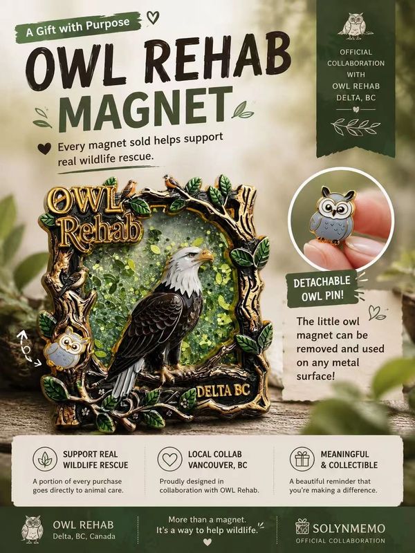 Owl Rehab magnet supporting wildlife rescue with a detachable owl pin.