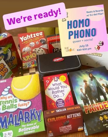 Text says 'we're ready' in front of a photo of board games and a small poster for beats & boards.