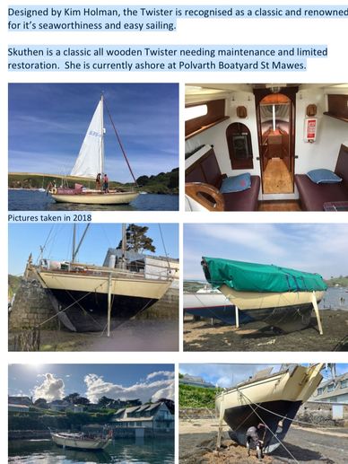 28-foot wooden Twister sailboat named Skuthen, classic and seaworthy, priced at £3,750.