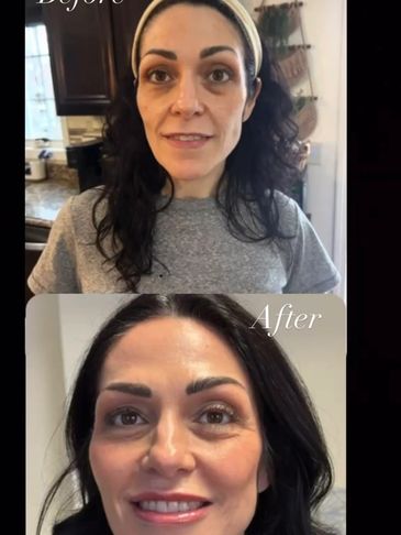Before and after makeup transformation of a woman.