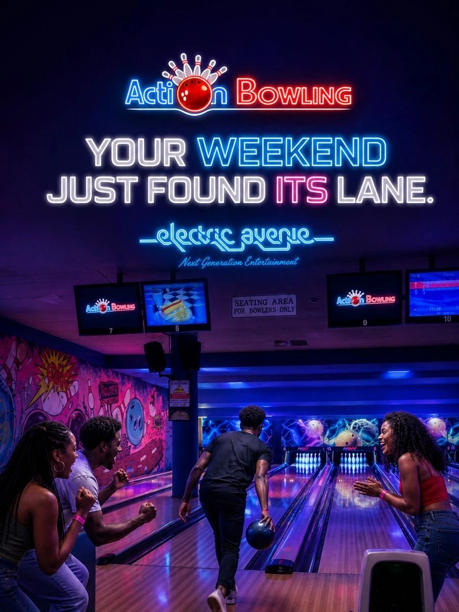Friends enjoying a vibrant bowling night at Action Bowling.