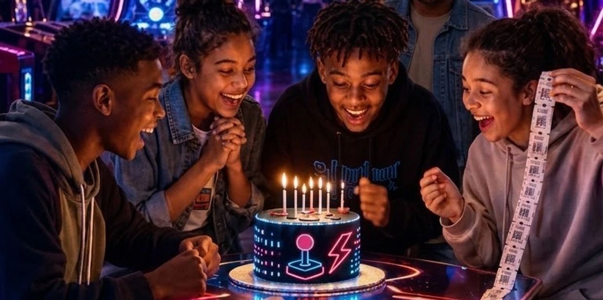 Teenagers celebrating a birthday with arcade-themed cake.