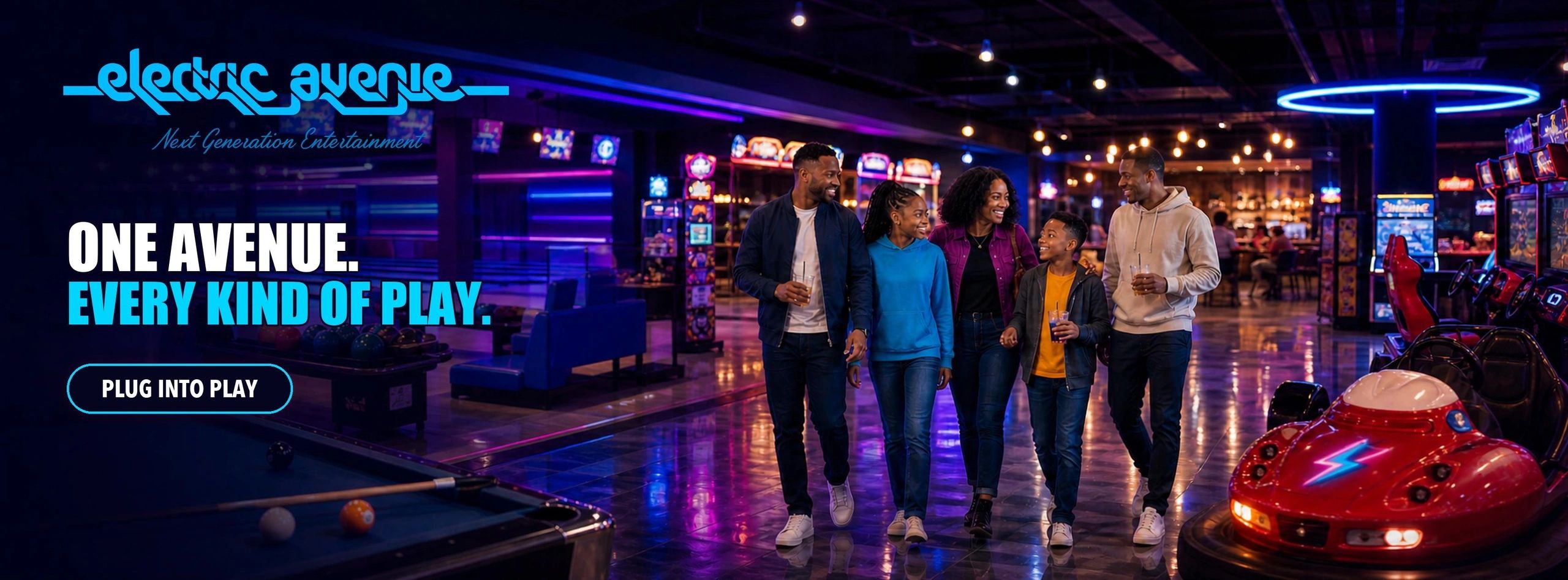 A family enjoys an arcade and entertainment venue called Electric Avenue.