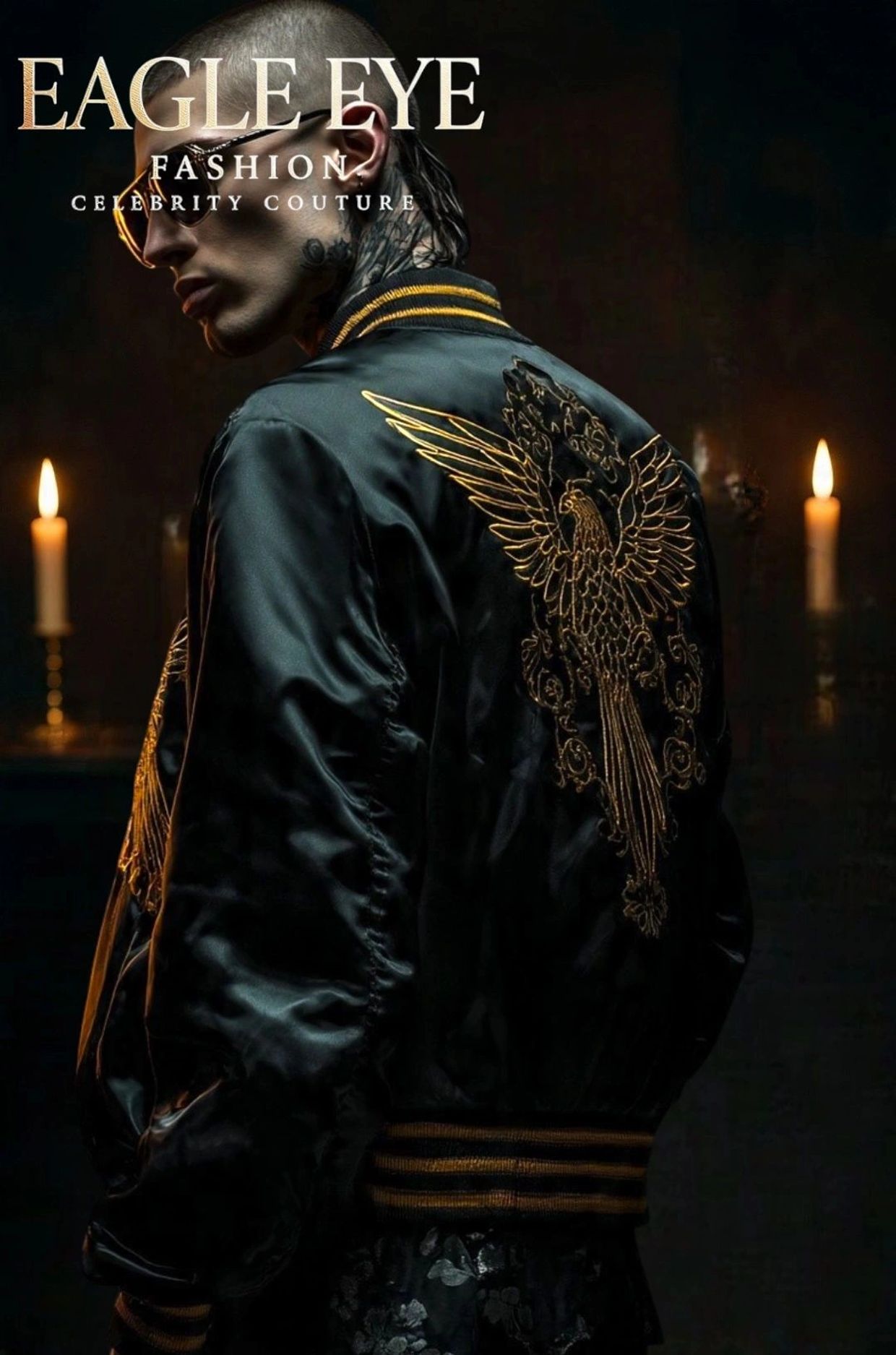 Fashion model in a stylish black jacket with gold eagle embroidery, set against candlelight.