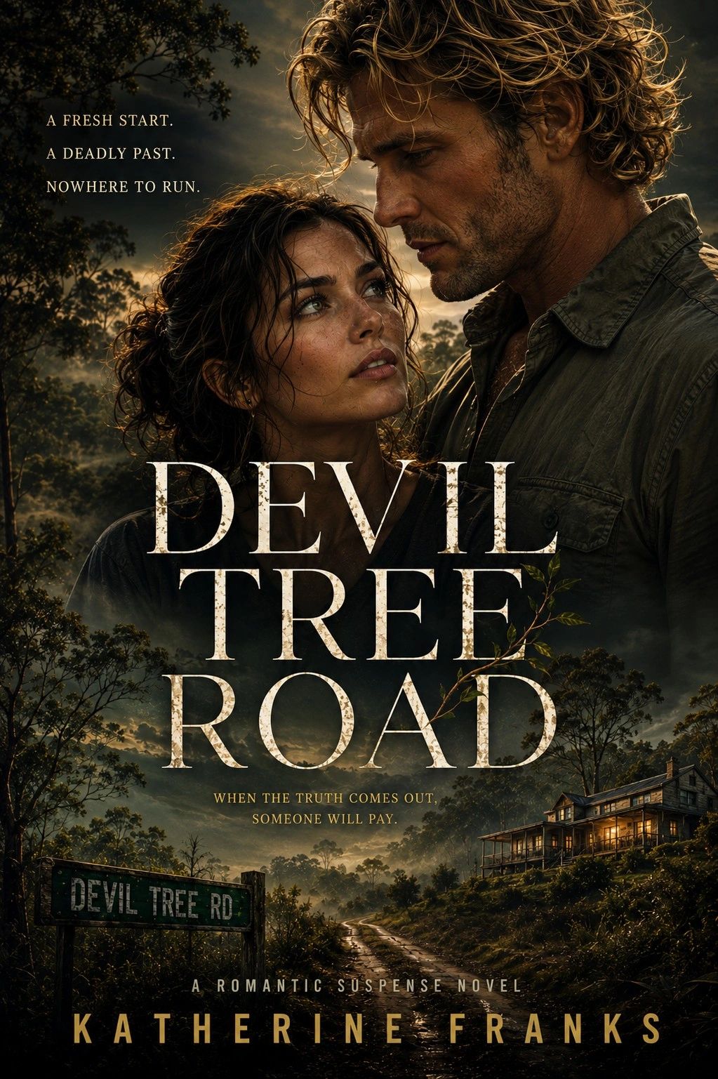 Romantic suspense novel cover with intense couple and eerie forest road.