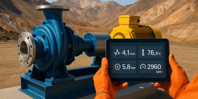 Worker using a tablet to monitor industrial pump parameters in a mountainous area.