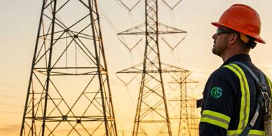 Utility worker inspecting power lines at sunset.