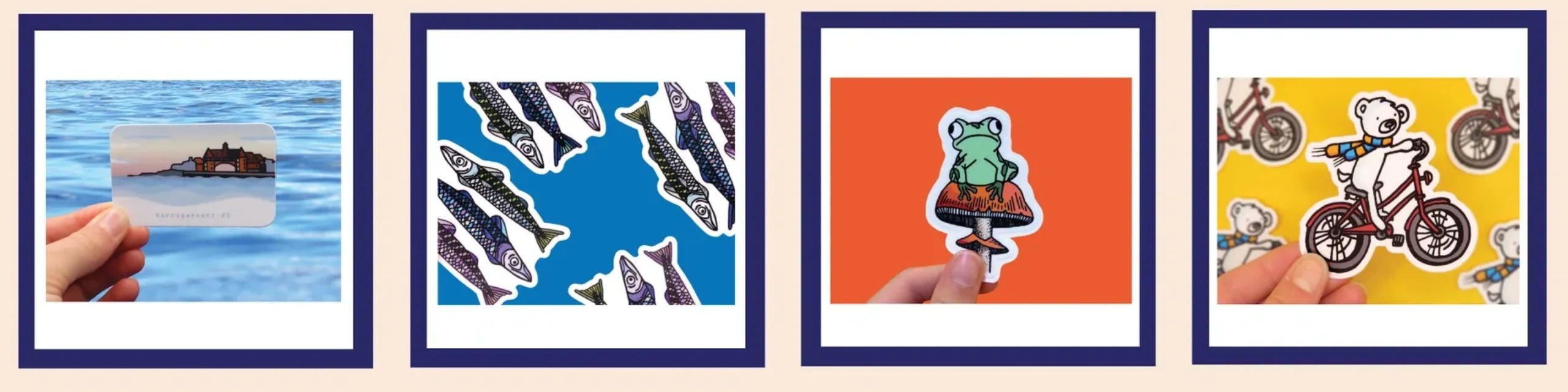 various illustrated stickers against matching backgrounds.