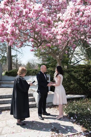 Couple exchanging vows under blooming pink magnolia tree during outdoor wedding ceremony.