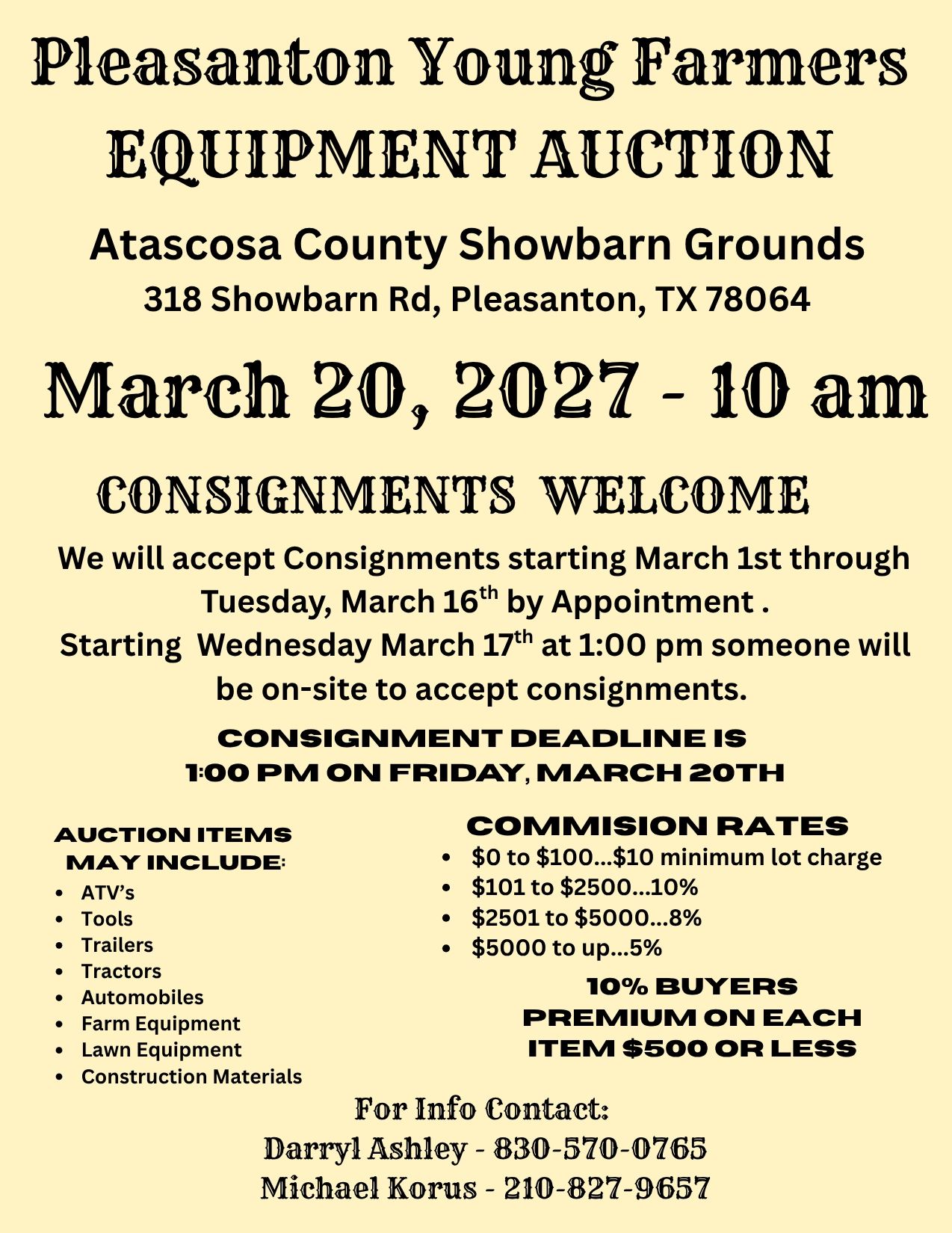 Pleasanton Young Farmers equipment auction on March 20, 2027 at Atascosa County Showbarn.
