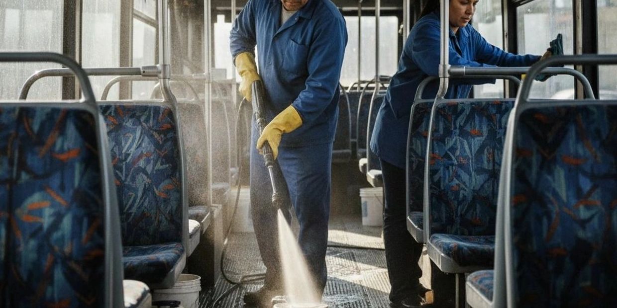 Two workers cleaning a bus interior, one pressure washing the floor.