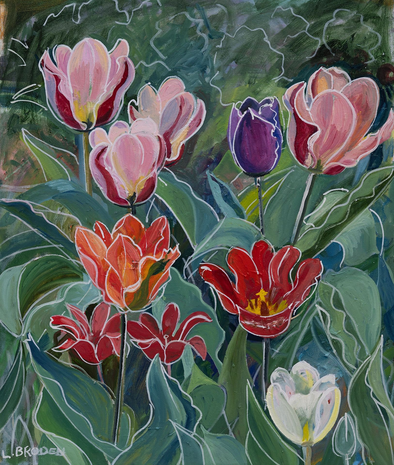 My oil painting of tulips, one of three oil paintings showing at Studio Pintura March 16, 2024