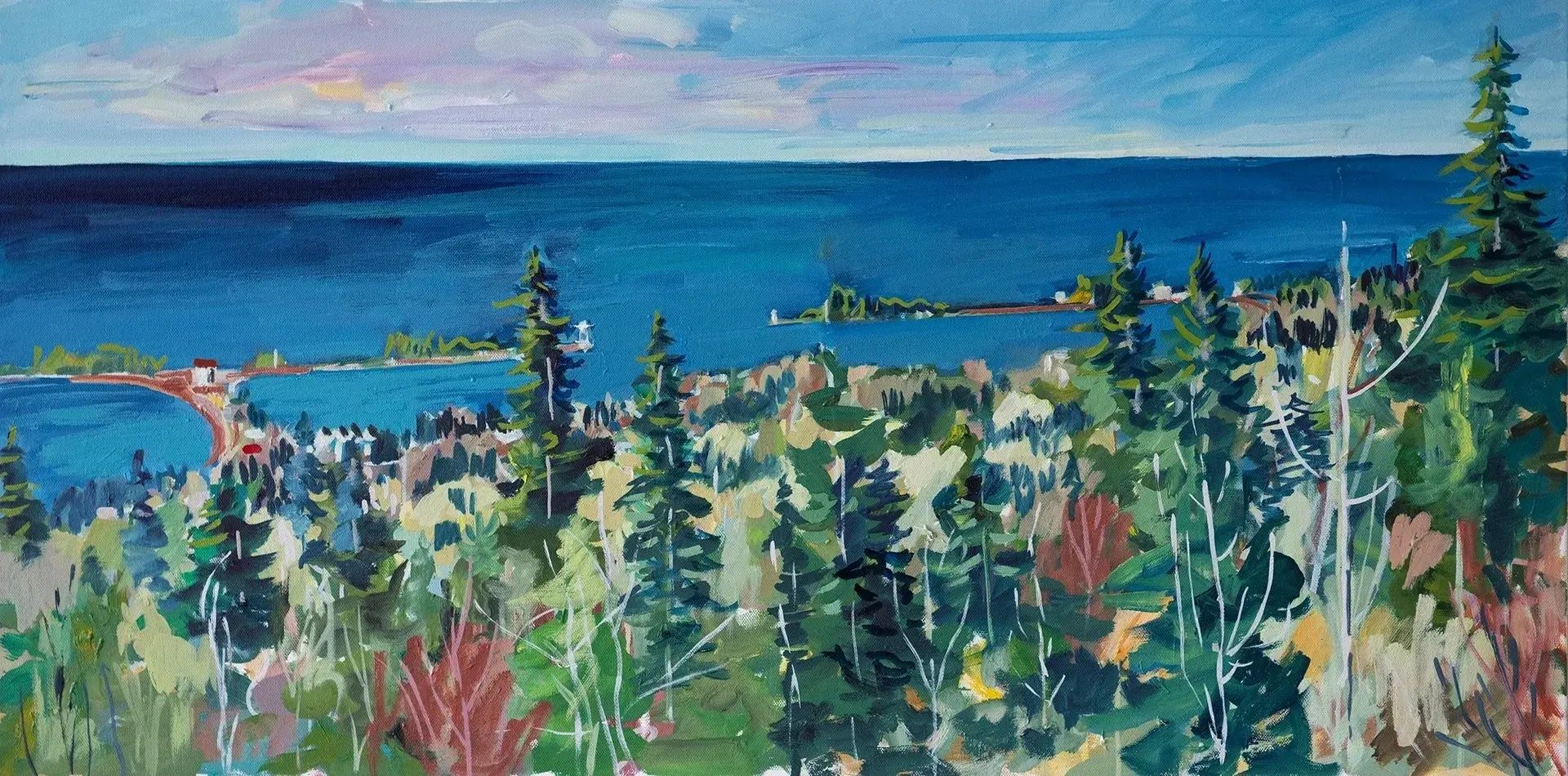 Vibrant landscape painting of a blue lake surrounded by evergreen trees.