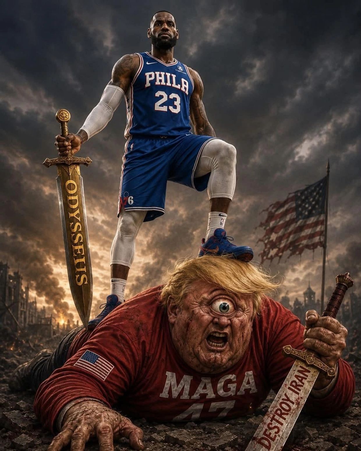 LeBron James as a hero defeating a monstrous cyclops with political symbolism.