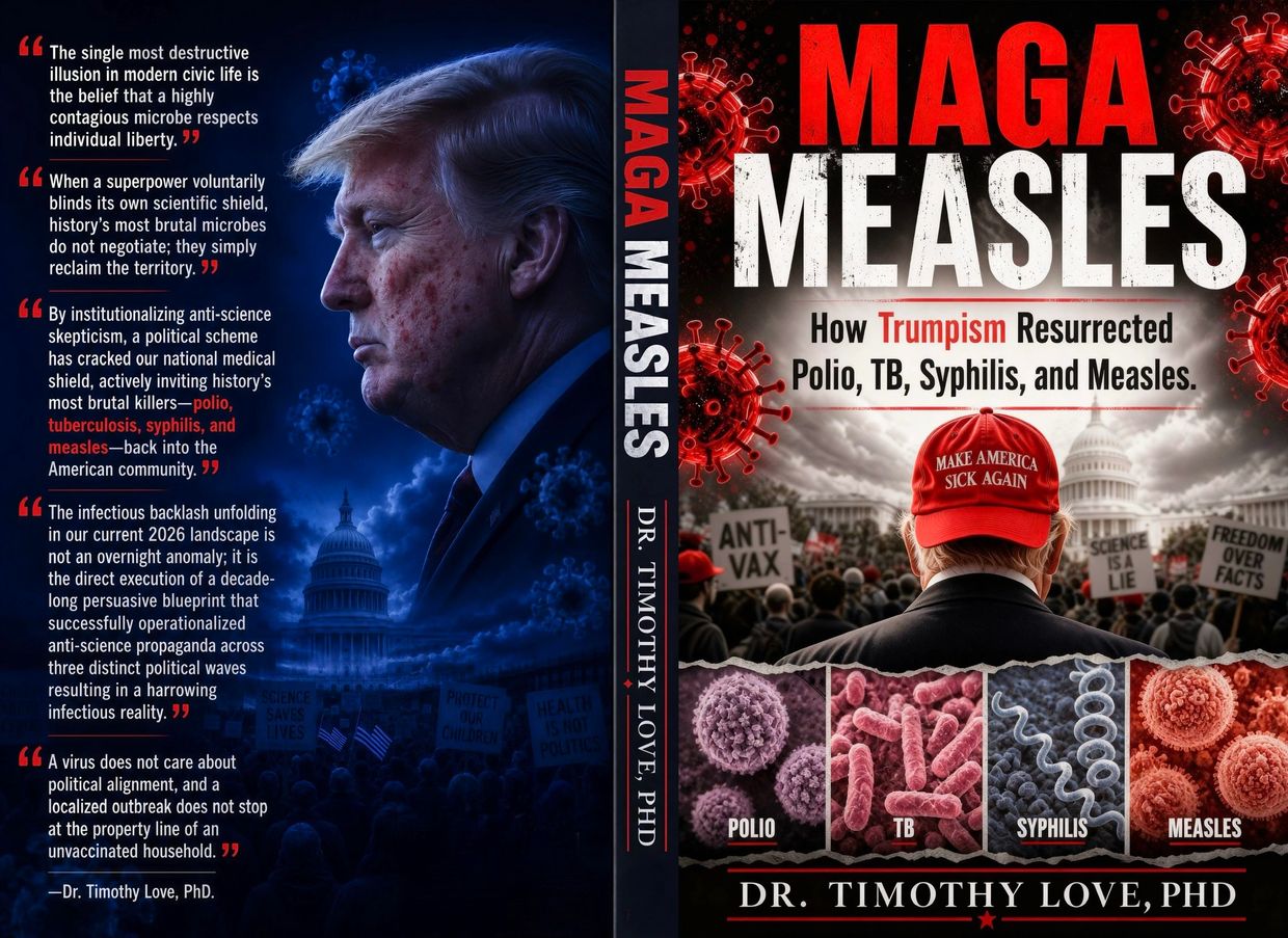 Book cover titled 'MAGA Measles' addressing Trumpism and infectious diseases resurgence.