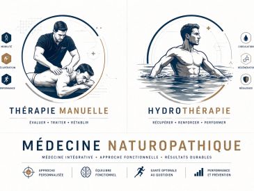 Illustration of manual therapy and hydrotherapy benefits for naturopathic medicine.