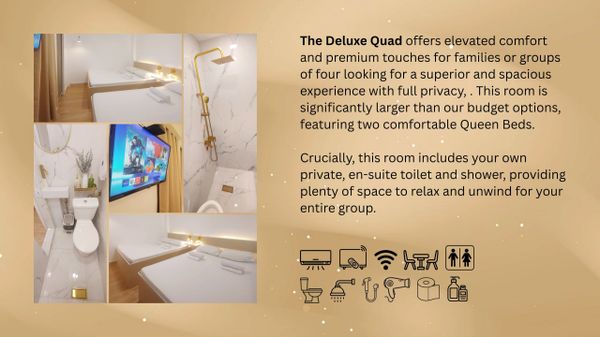 Deluxe Quad room with two Queen Beds, private bathroom, and modern amenities for families or groups of four.