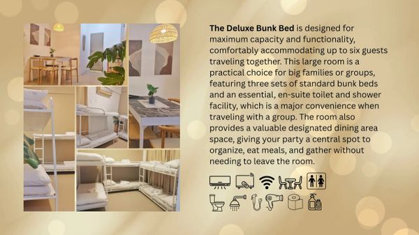 Deluxe Bunk Bed room for six guests with en-suite and dining area.