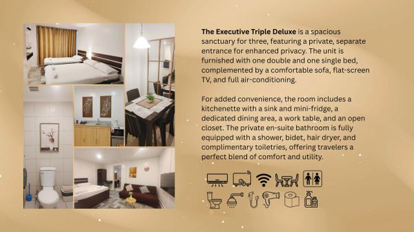 Executive Triple Deluxe room with private entrance, beds, kitchenette, and en-suite bathroom.