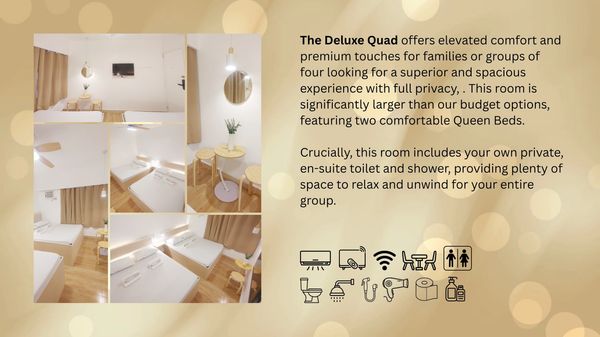 Deluxe Quad room with two queen beds, private en-suite, and premium amenities for families or groups of four.
