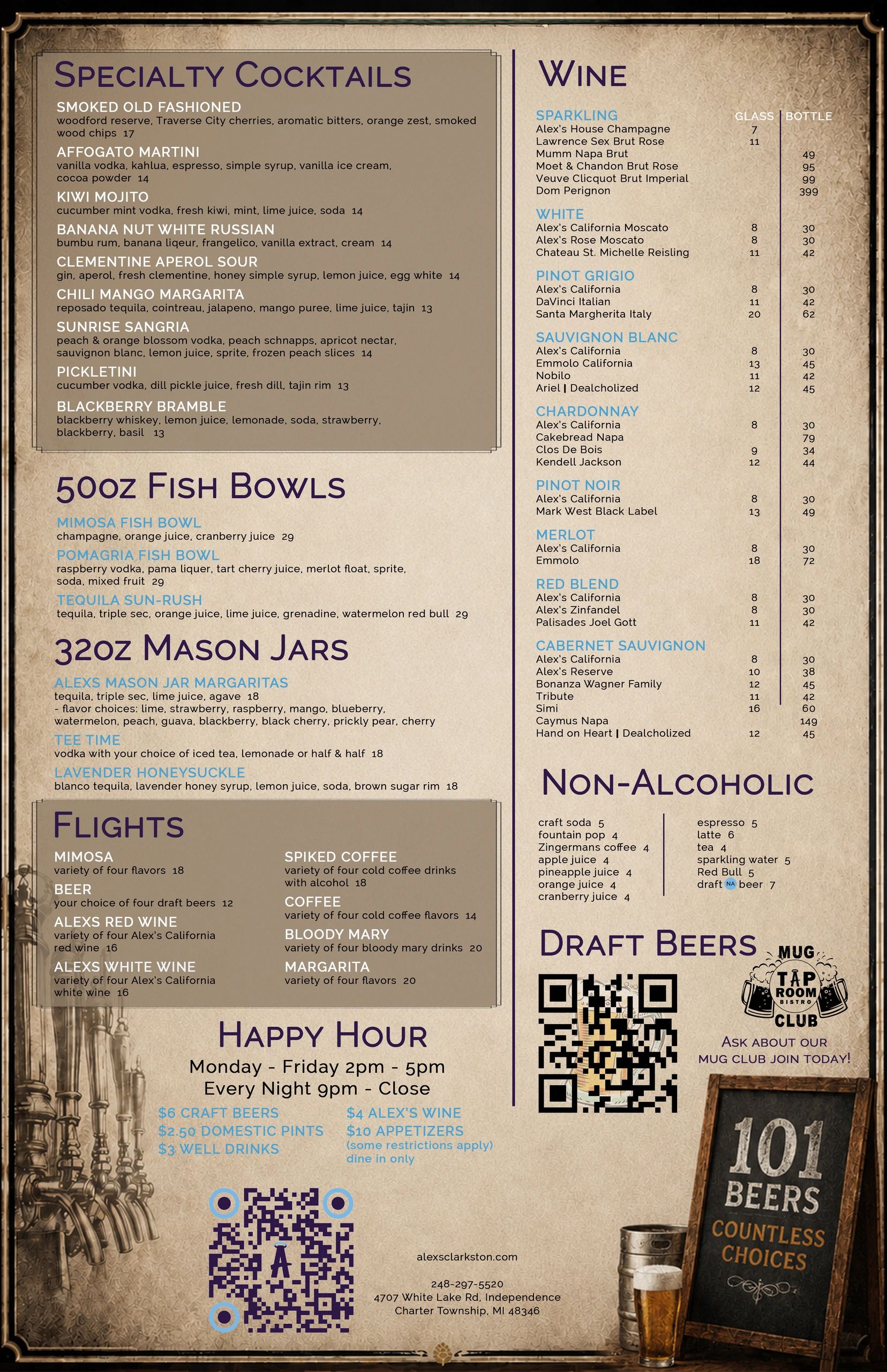 Menu of Specialty Cocktails, Fish Bowls, Mason Jars, Wine, and Happy Hour details.