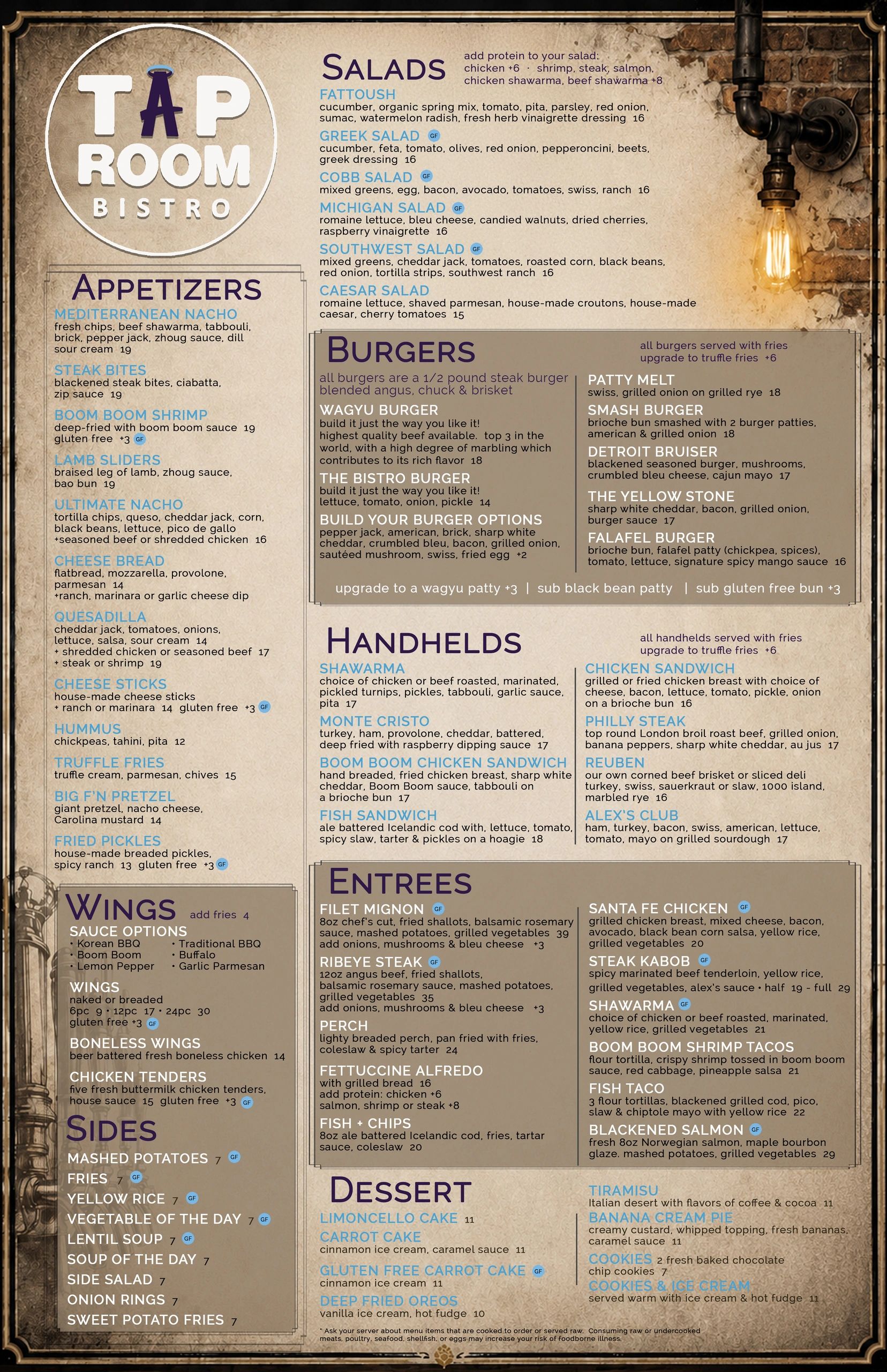Tap Room Bistro menu with appetizers, salads, burgers, handhelds, wings, sides, entrees, and desserts.