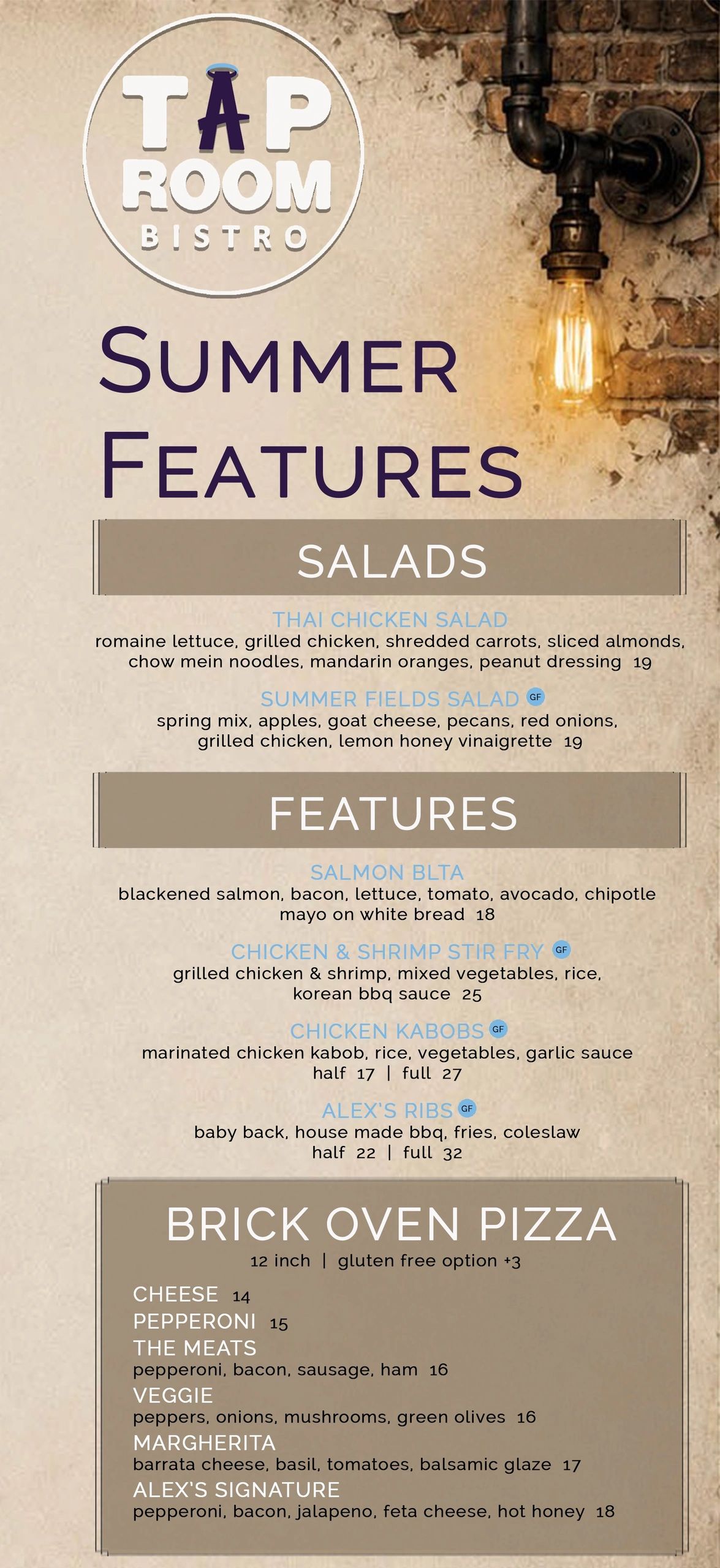 Summer menu features salads, entrees, and brick oven pizzas at Tap Room Bistro.