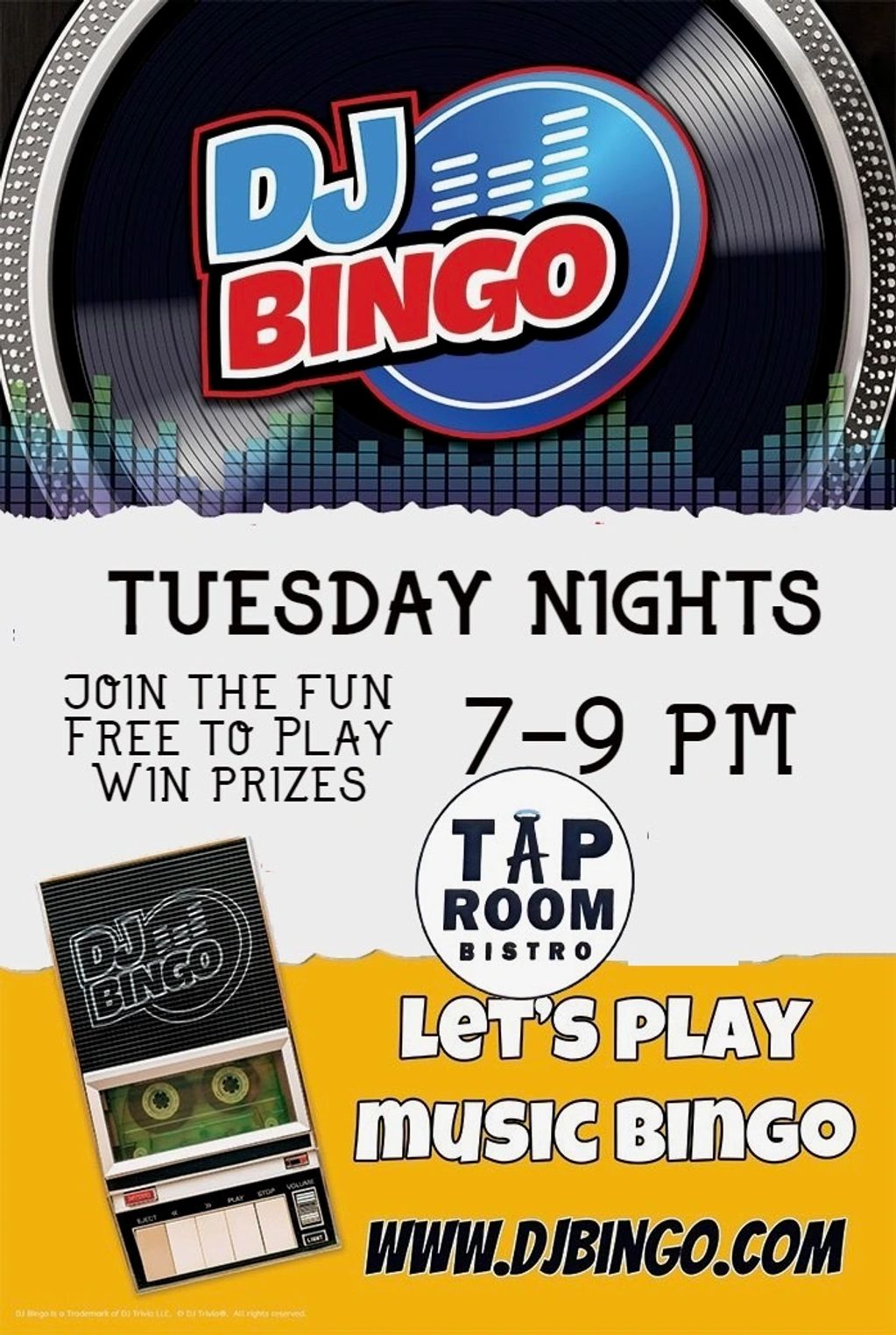 DJ Bingo music bingo event every Tuesday night at Tap Room Bistro.