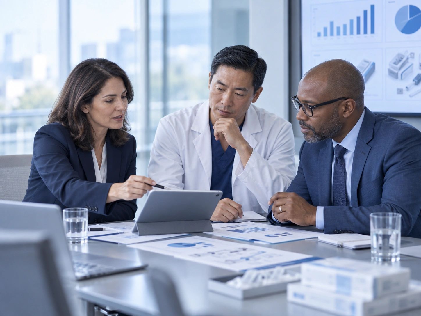 Three professionals discussing data in an office.