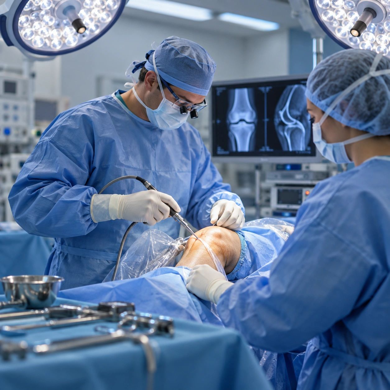 Surgeons performing knee surgery in an operating room.