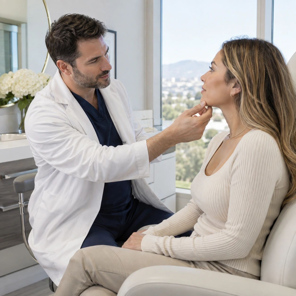 Doctor examining a woman's chin in a medical office.
