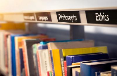 Library section labeled Philosophy and Ethics with books.
