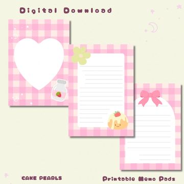 Cute pink gingham printable memo pads with sweet dessert and bow designs.