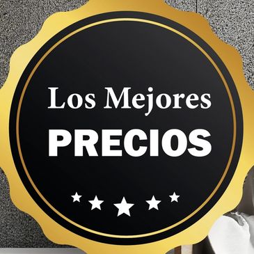 Etiqueta dorada con texto en español sobre precios.