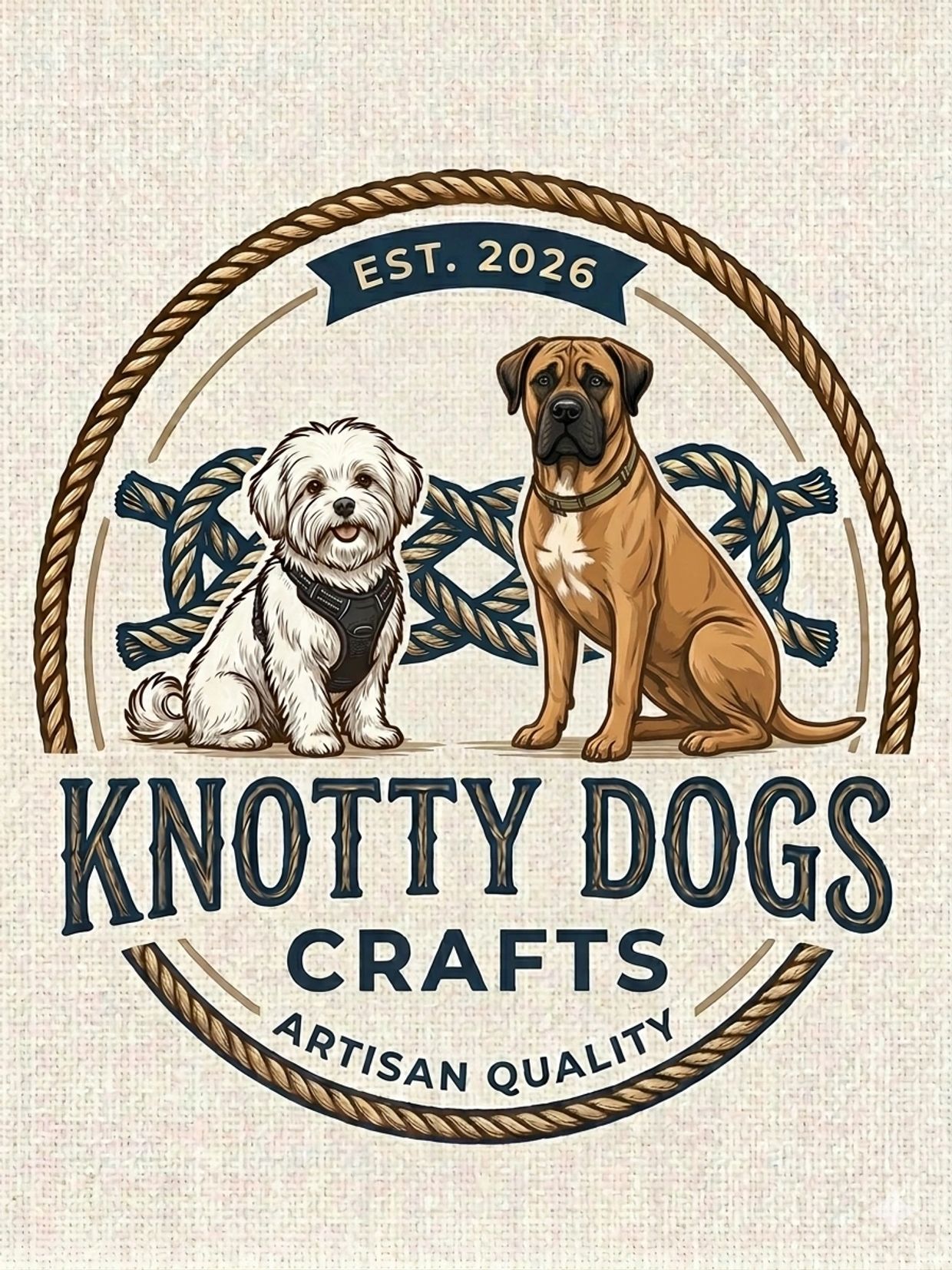 Logo featuring two dogs with a rope circle and text Knotty Dogs Crafts.