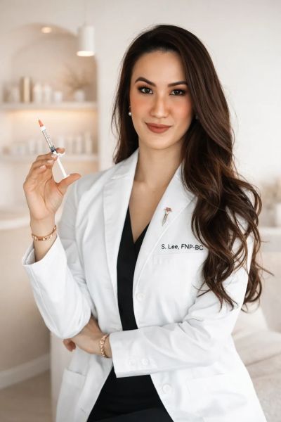 Woman in medical coat holding a syringe.