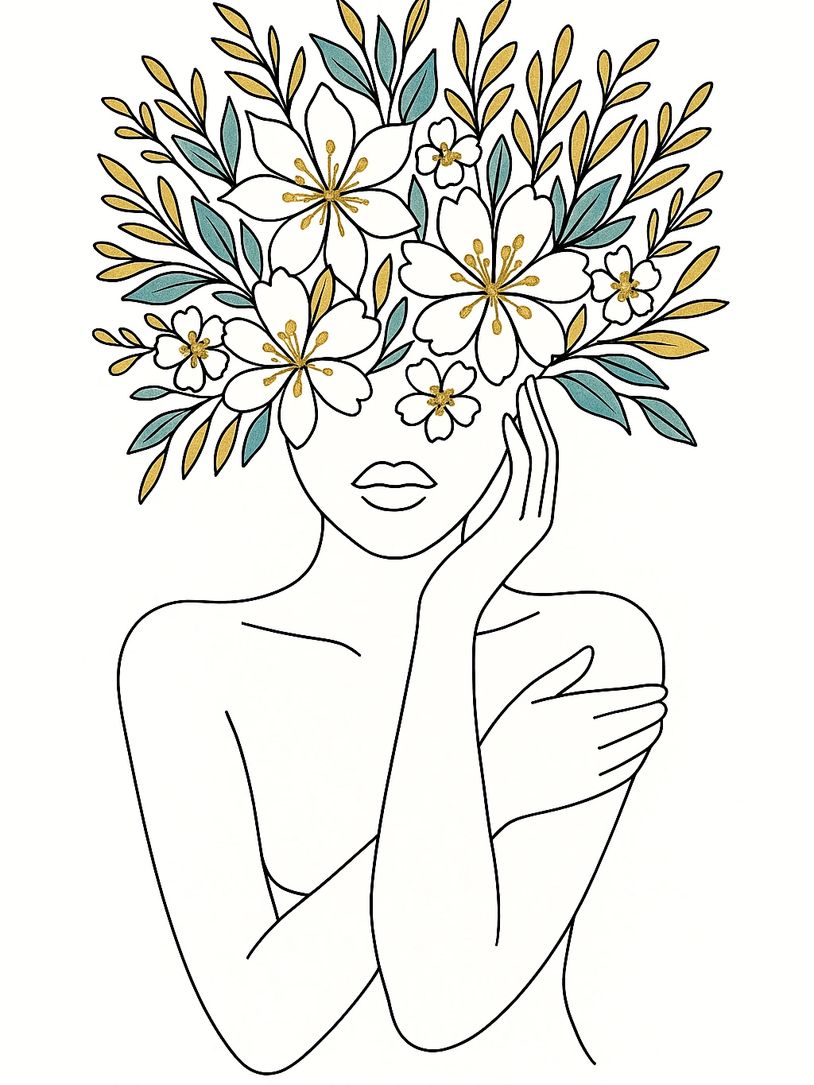 Line art of a woman with flowers and leaves covering her eyes, symbolizing nature and serenity.