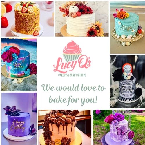 A collage showing colorful and creative cakes from Lucy Q's Cakery & Candy Shoppe.