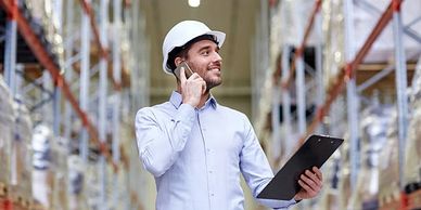 Man in a hard hat holding a clipboard and talking on the phone in a warehouse.